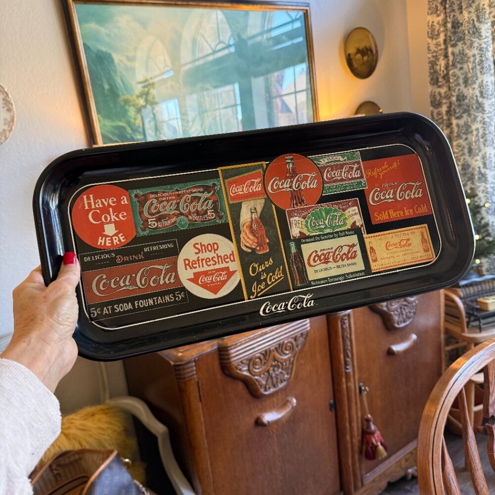 1995 Black Metal Coca Cola Tray Featuring a Collage of Vintage Advertisements - Picture 10 of 13